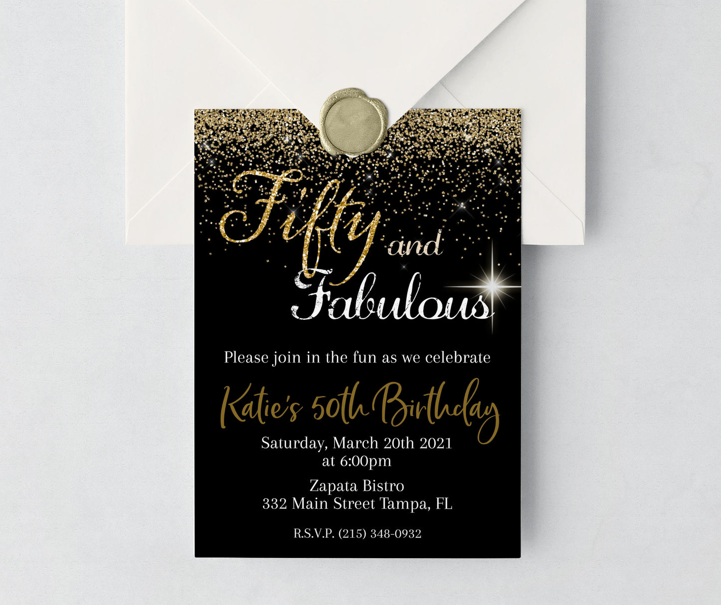 Fifty and Fabulous Gold Glitter Birthday Invitation