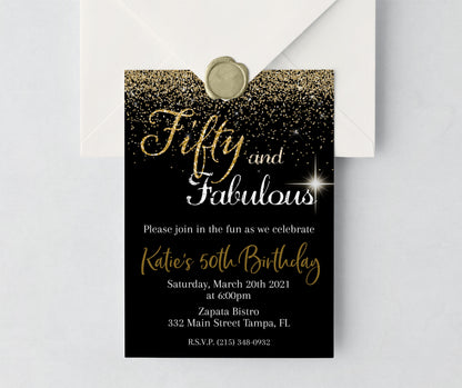 Fifty and Fabulous Gold Glitter Birthday Invitation