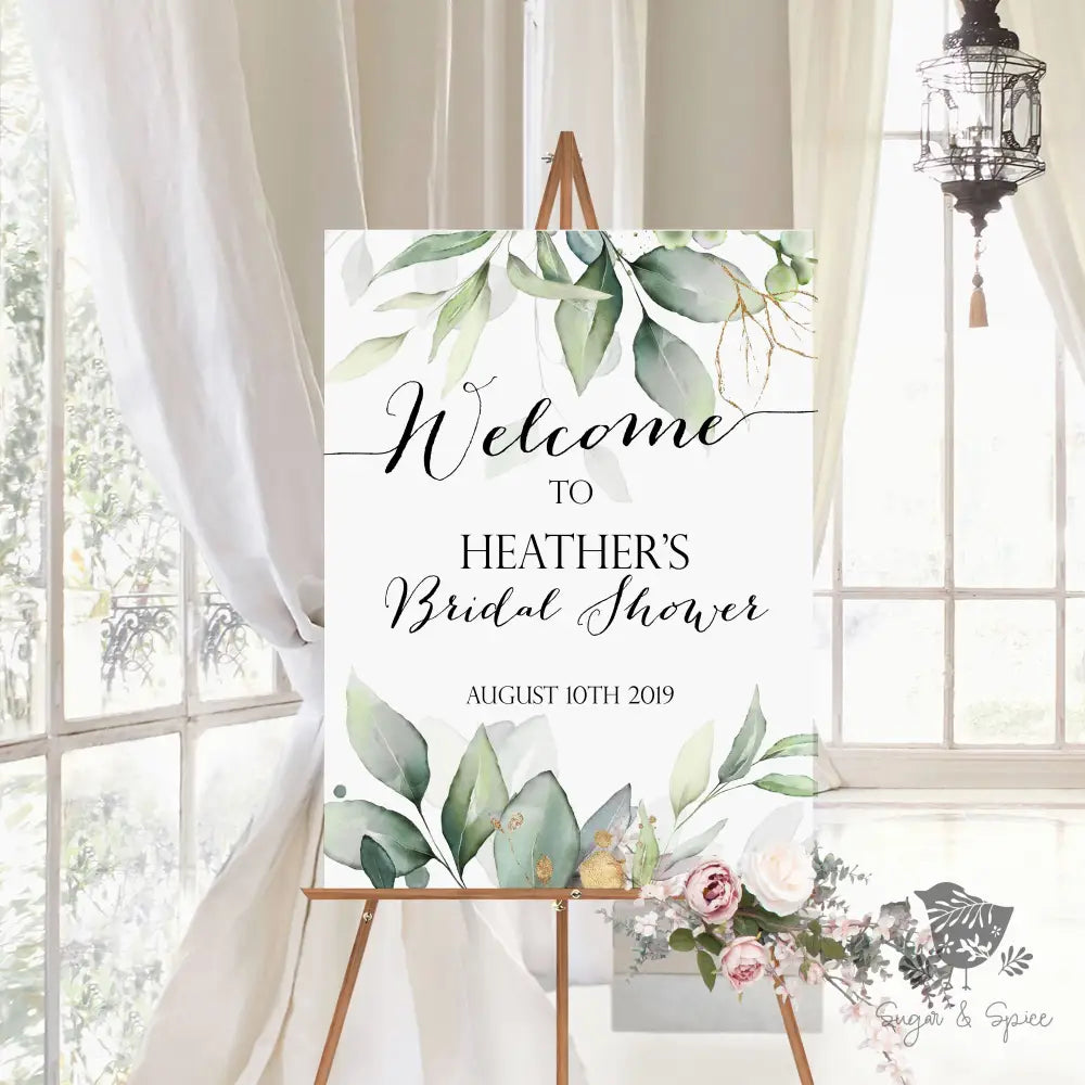 Gold Leaf and Greenery Welcome Sign - Premium  from Sugar and Spice Invitations - Just $35! Shop now at Sugar and Spice Paper