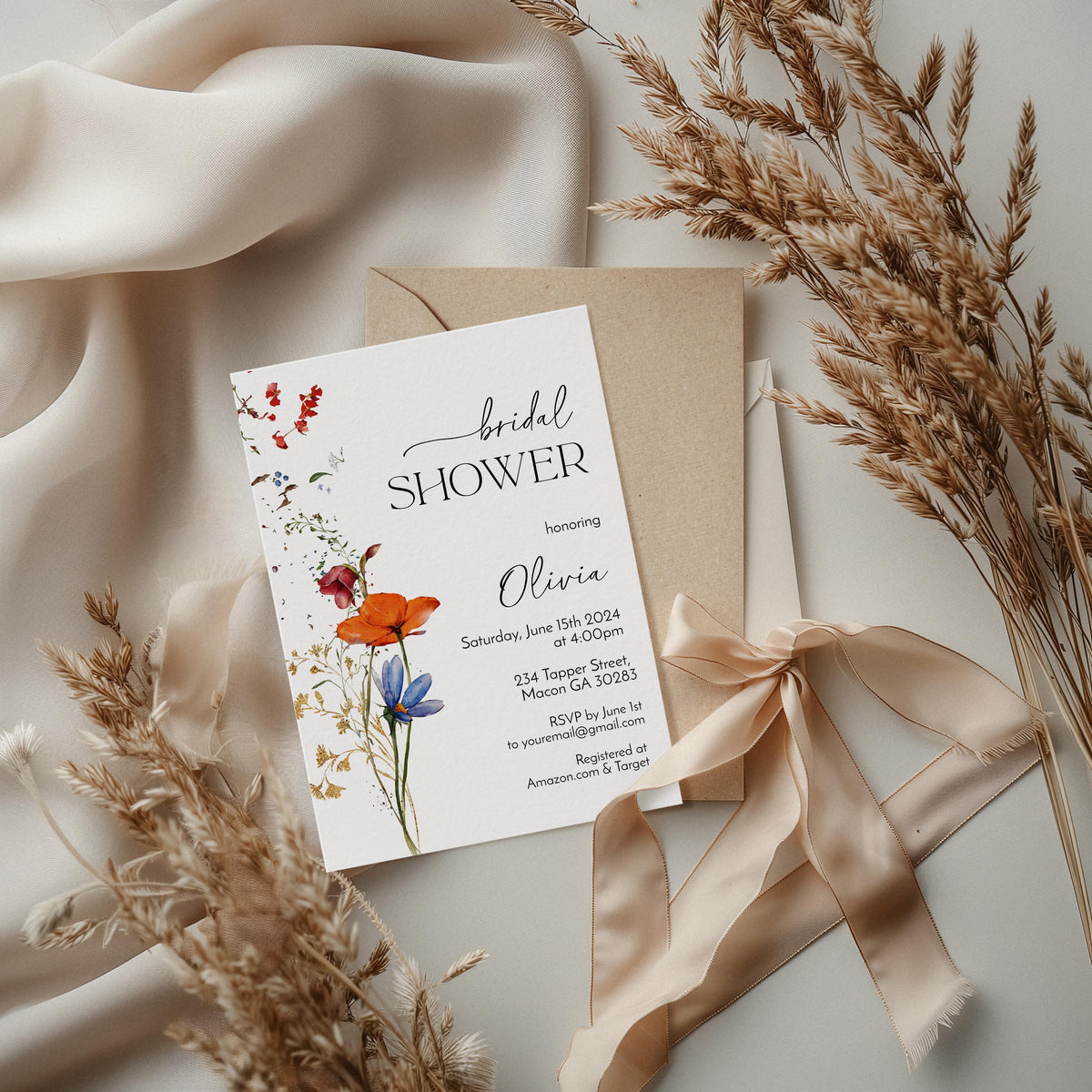 Orange & Blue Wildflower Bridal Shower Invitation Template Editable Invitation Corjl Digital Download