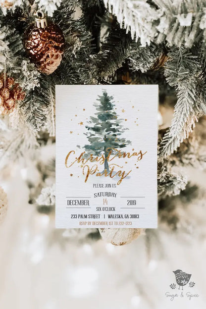 Gold Watercolor Tree Christmas Invitation - Premium Digital File from Sugar and Spice Invitations - Just $2.10! Shop now at Sugar and Spice Paper