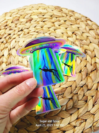 UFO Abduction Holographic Stickers — Die-Cut Iridescent Alien Beam Decal