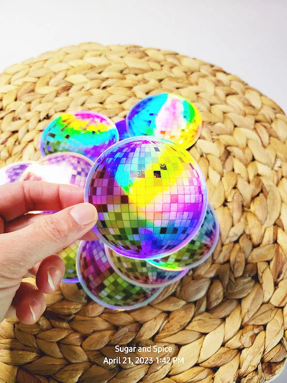 Holographic Disco Ball Stickers — Iridescent Die-Cut Decal for Skateboards & Laptops