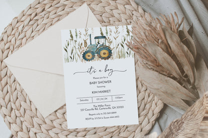 Farm Country Blue Tractor Boy Baby Shower Invitation