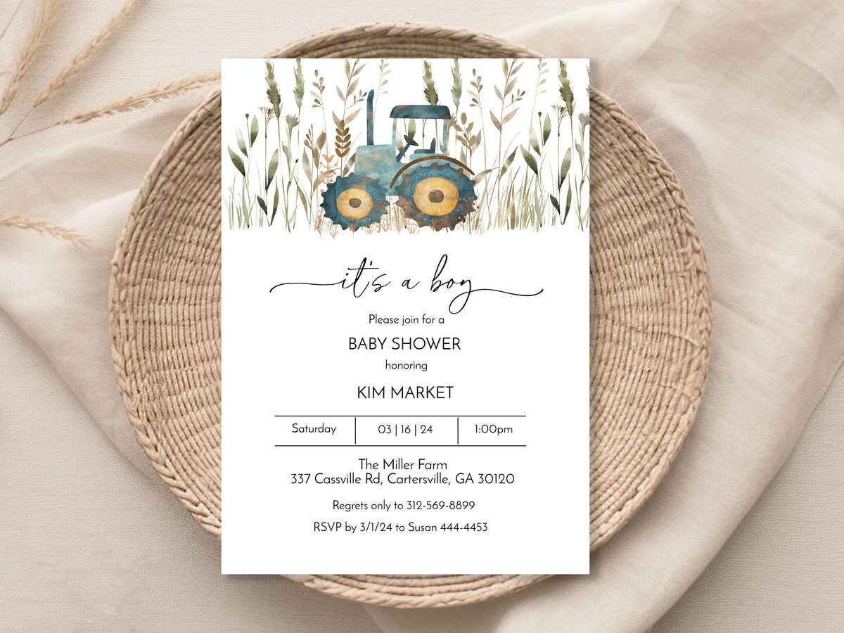 Farm Blue Boy Baby Shower Invitation Template Editable Invitation Corjl Digital Download