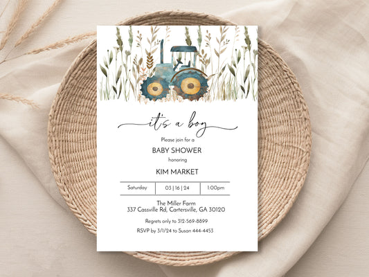 Farm Blue Boy Baby Shower Invitation Template Editable Invitation Corjl Digital Download