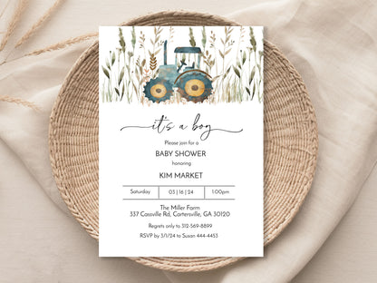 Farm Country Blue Tractor Boy Baby Shower Invitation