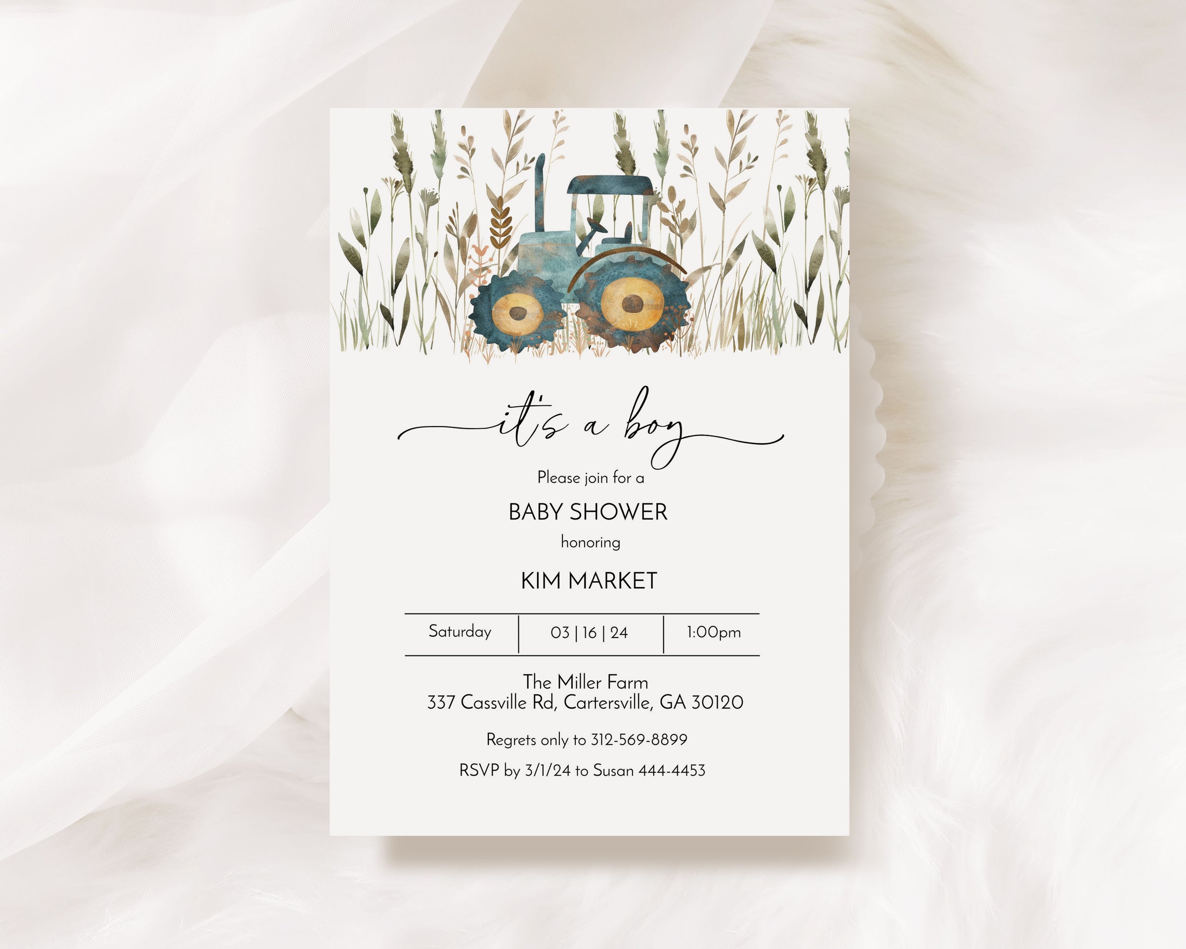 Farm Country Blue Tractor Boy Baby Shower Invitation