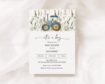 Farm Country Blue Tractor Boy Baby Shower Invitation