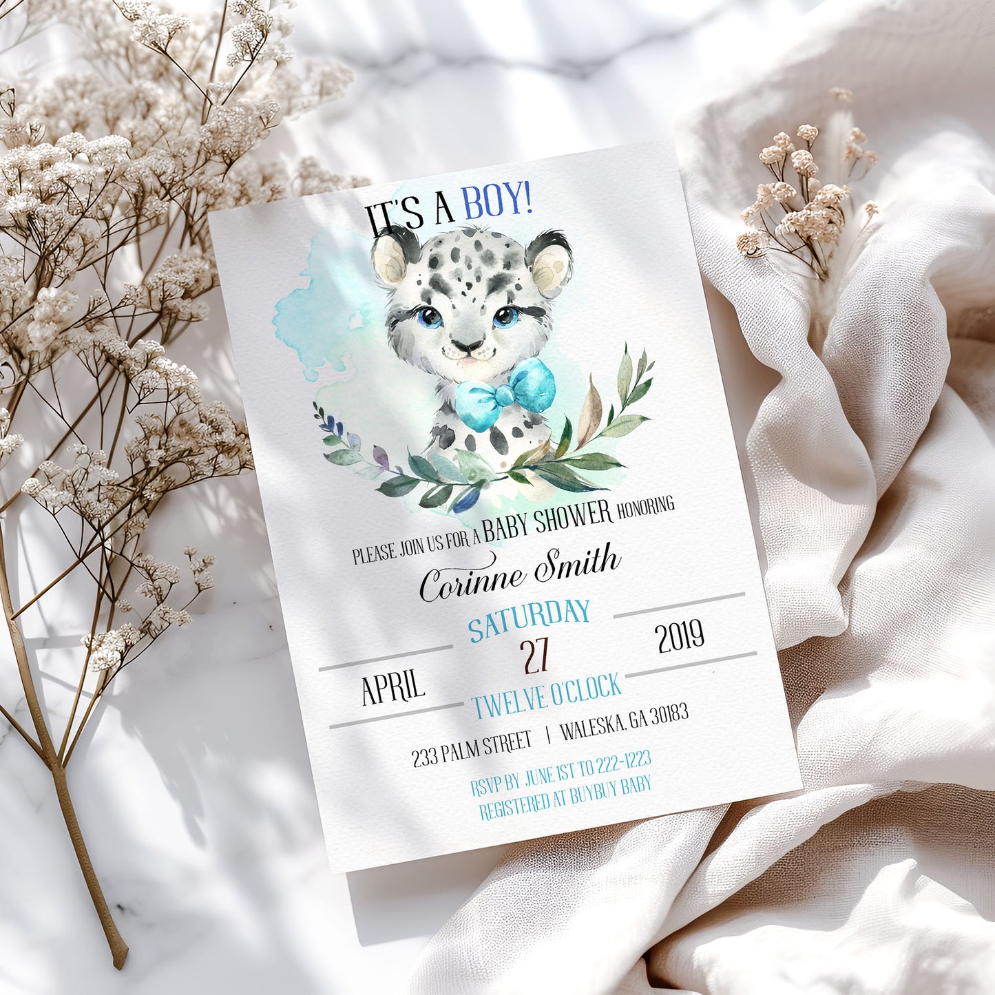 Little Leopard with Blue Bow Baby Shower Invitation