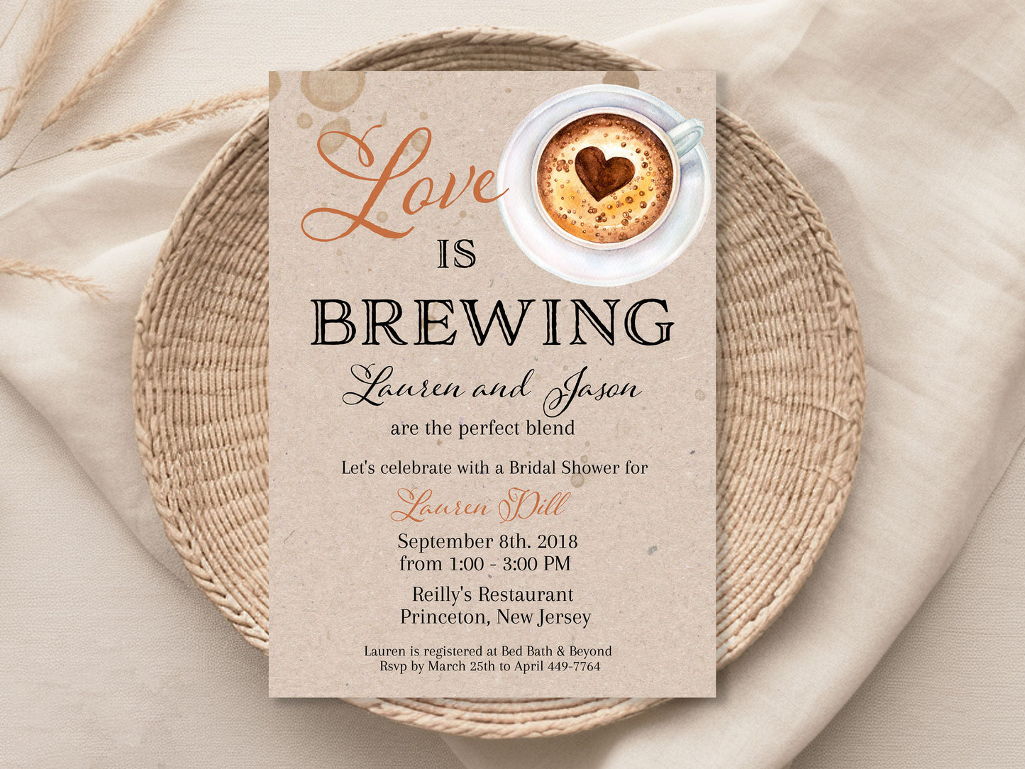Love is Brewing Coffee Rustic Kraft Bridal Shower Invitation