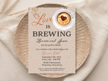 Love is Brewing Coffee Rustic Kraft Bridal Shower Invitation