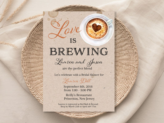 Love is Brewing Coffee Rustic Kraft Bridal Shower Invitation