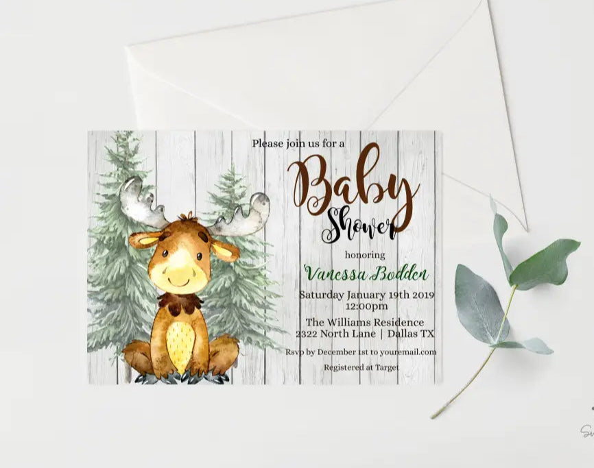 Moose Woodland Forest Baby Shower Invitation - Premium  from Sugar and Spice Invitations - Just $1.95! Shop now at Sugar and Spice Paper