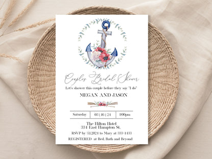 Couples Nautical Bridal Shower Invitation Template Editable Invitation Corjl Digital Download