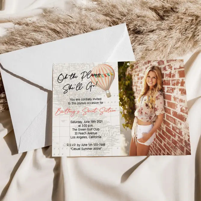 Oh the Places She'll Go Hot Air Balloon Birthday Invitation - Premium Digital File from Sugar and Spice Invitations - Just $1.95! Shop now at Sugar and Spice Paper