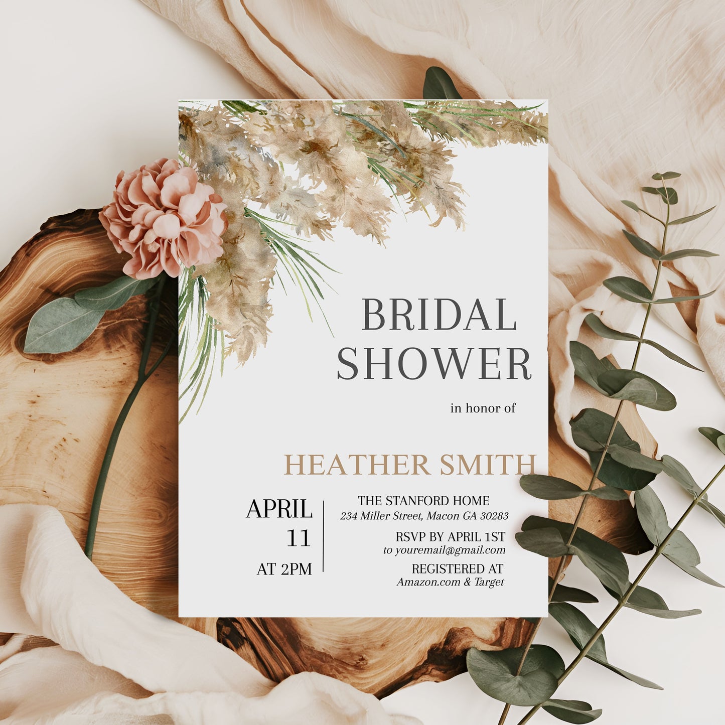 Pampas Grass Minimalist Bridal Shower Invitation