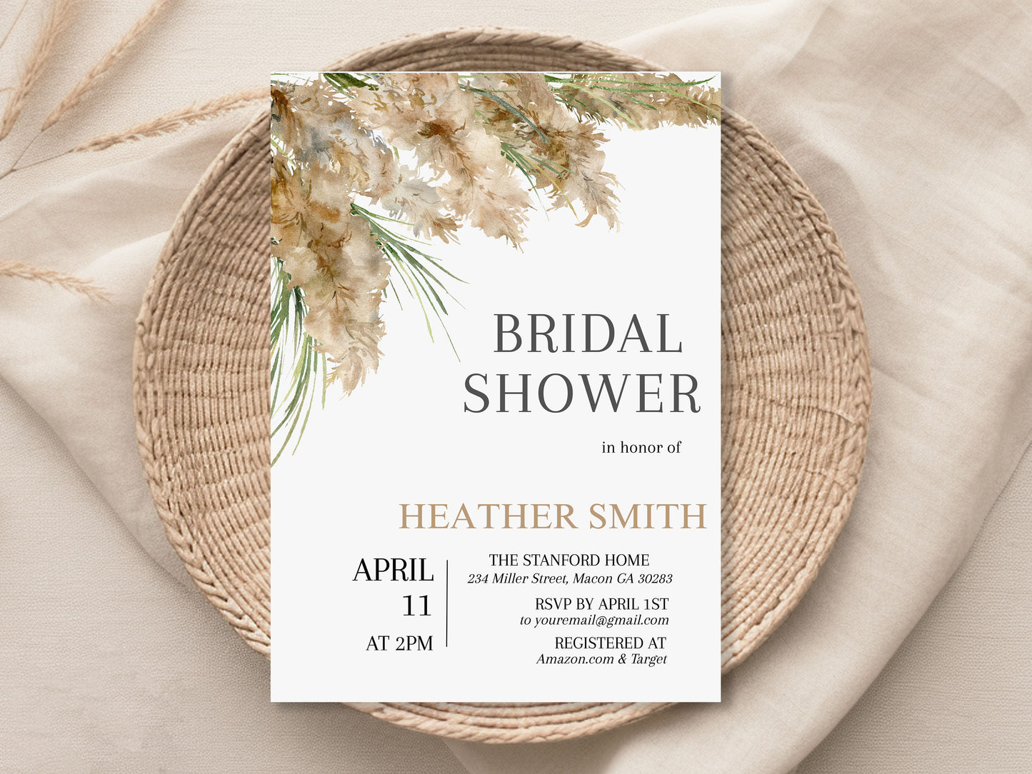 Pampas Grass Minimalist Bridal Shower Invitation