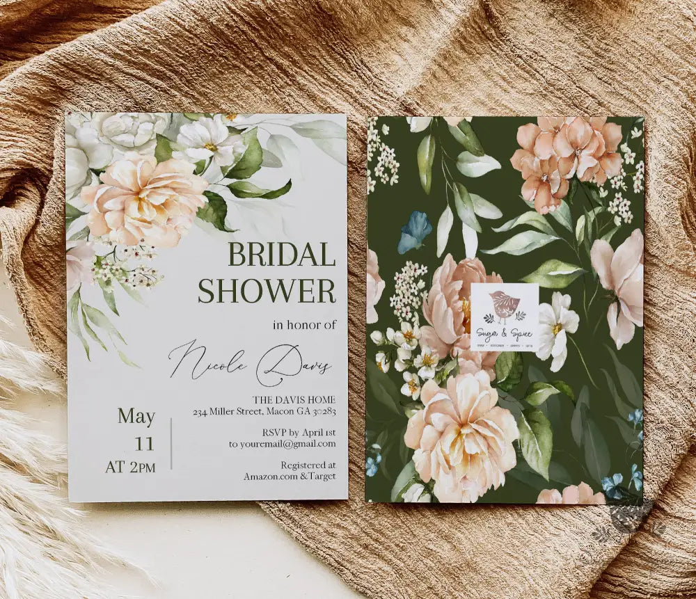 succulent bridal shower invitations Peach Floral Forest Green Bridal Shower Invitation – Sugar and Spice Paper