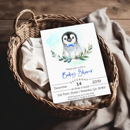 Winter Penguin Baby Shower Invitation Template Editable Invitation Corjl Digital Download