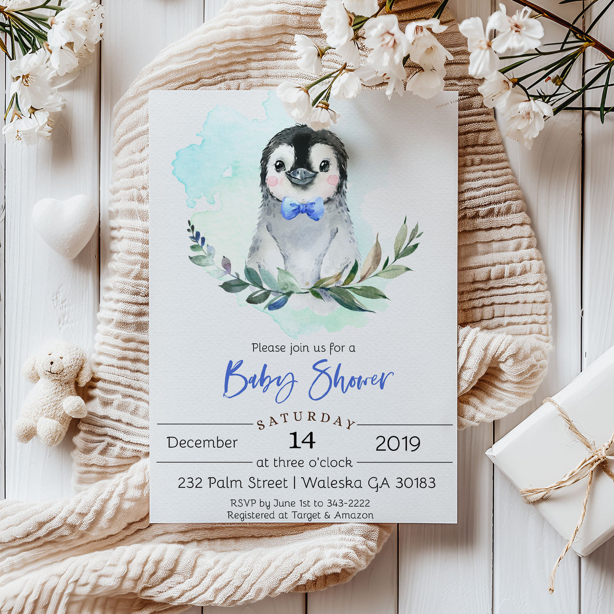 Winter Penguin Baby Shower Invitation Template Editable Invitation Corjl Digital Download