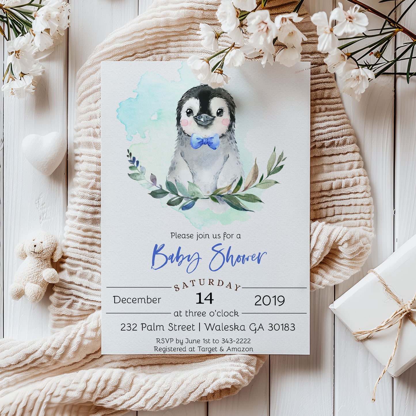 Winter Penguin Baby Shower Invitation Template Editable Invitation Corjl Digital Download