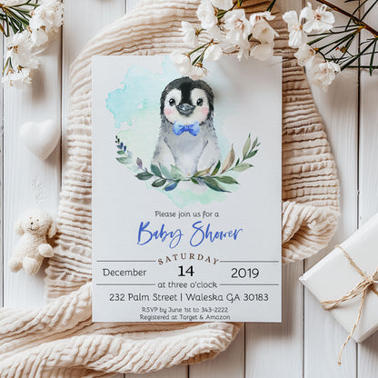 Winter Penguin Baby Shower Invitation Template Editable Invitation Corjl Digital Download