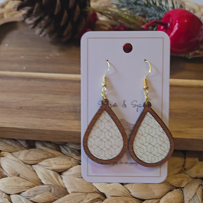 Gold Modern Pattern Wood Inlay Teardrop Earrings