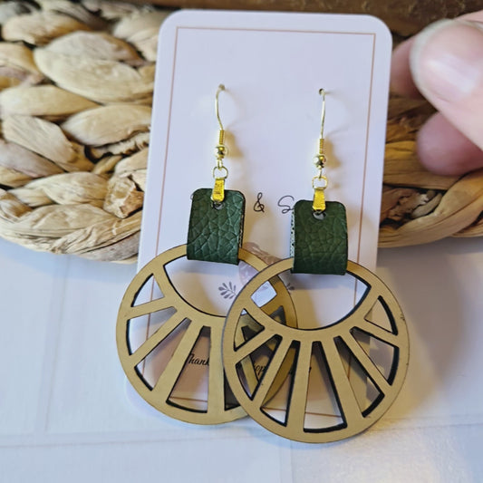Abstract Boho Green Faux Leather Earrings