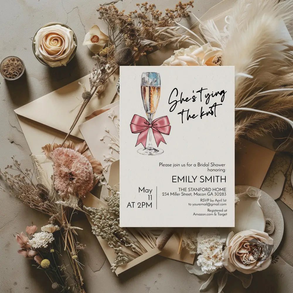 Shes Tying the Knot Coquette Pink Bow Champange Bridal Shower Invitation - Premium  from Sugar and Spice Invitations - Just $1.95! Shop now at Sugar and Spice Paper
