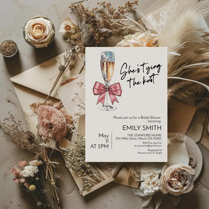 Shes Tying the Knot Coquette Pink Bow Champange Bridal Shower Invitation - Premium  from Sugar and Spice Invitations - Just $1.95! Shop now at Sugar and Spice Paper