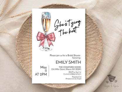 Shes Tying the Knot Coquette Pink Bow Champange Bridal Shower Invitation - Premium  from Sugar and Spice Invitations - Just $1.95! Shop now at Sugar and Spice Paper