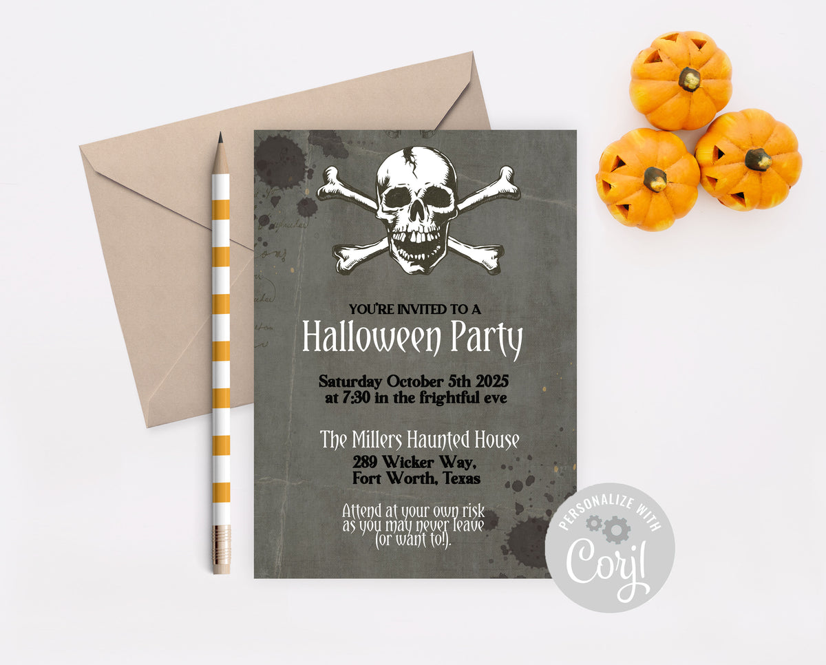 Halloween Skull and Crossbones Grunge Costume Party Invitation Tempate