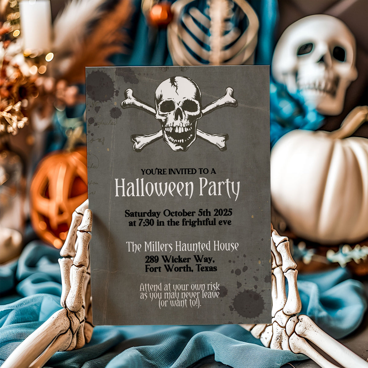 Halloween Skull and Crossbones Grunge Costume Party Invitation Tempate