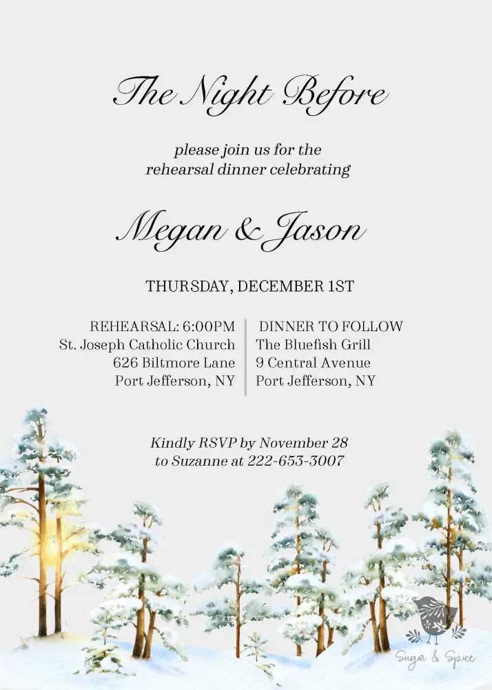 Snow Forest Pine Rehearsal Dinner Invitation - Premium  from Sugar and Spice Invitations - Just $2.15! Shop now at Sugar and Spice Paper