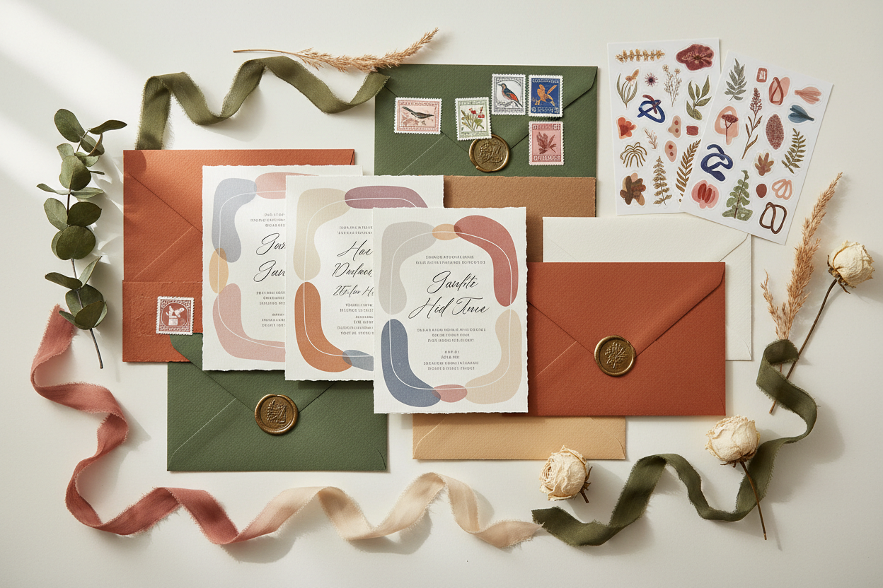 Stationery trend 2026, invitations, envelopes, stamps, stickers