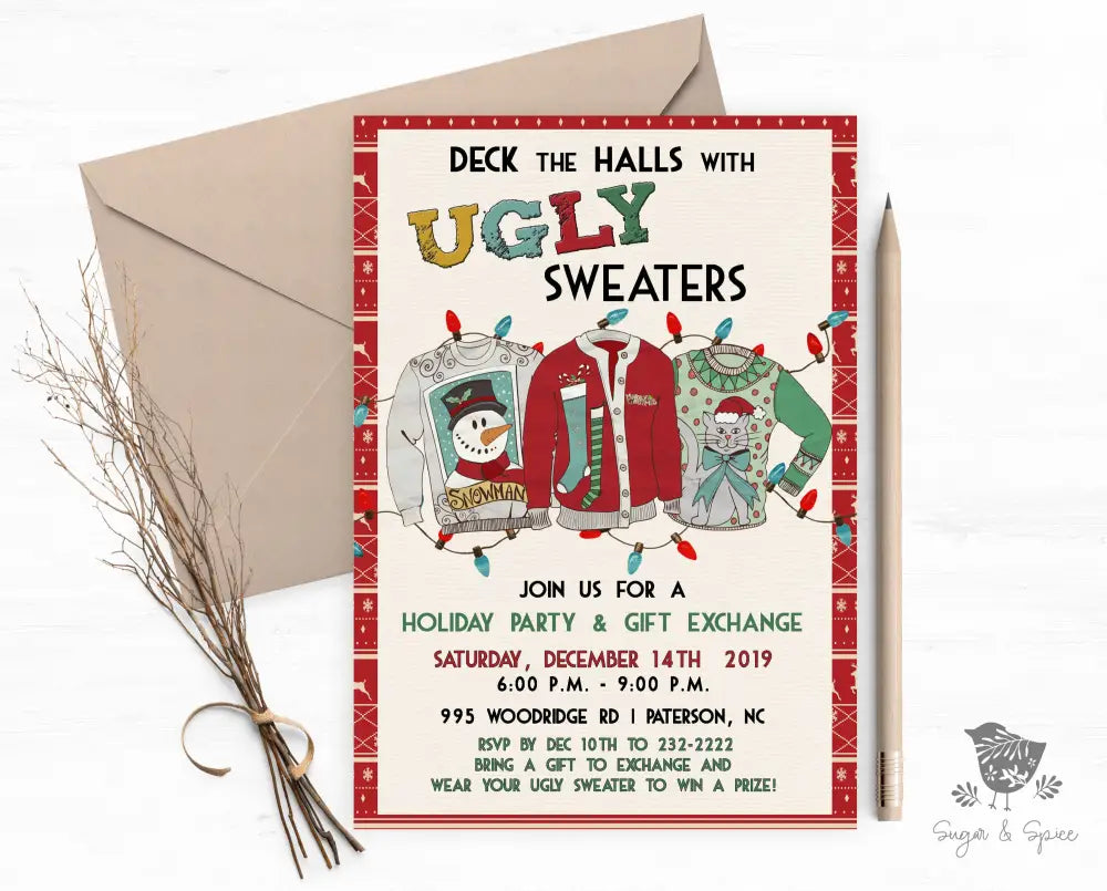 Ugly Sweater Christmas Party Invitation - Premium Digital File from Sugar and Spice Invitations - Just $2.10! Shop now at Sugar and Spice Paper