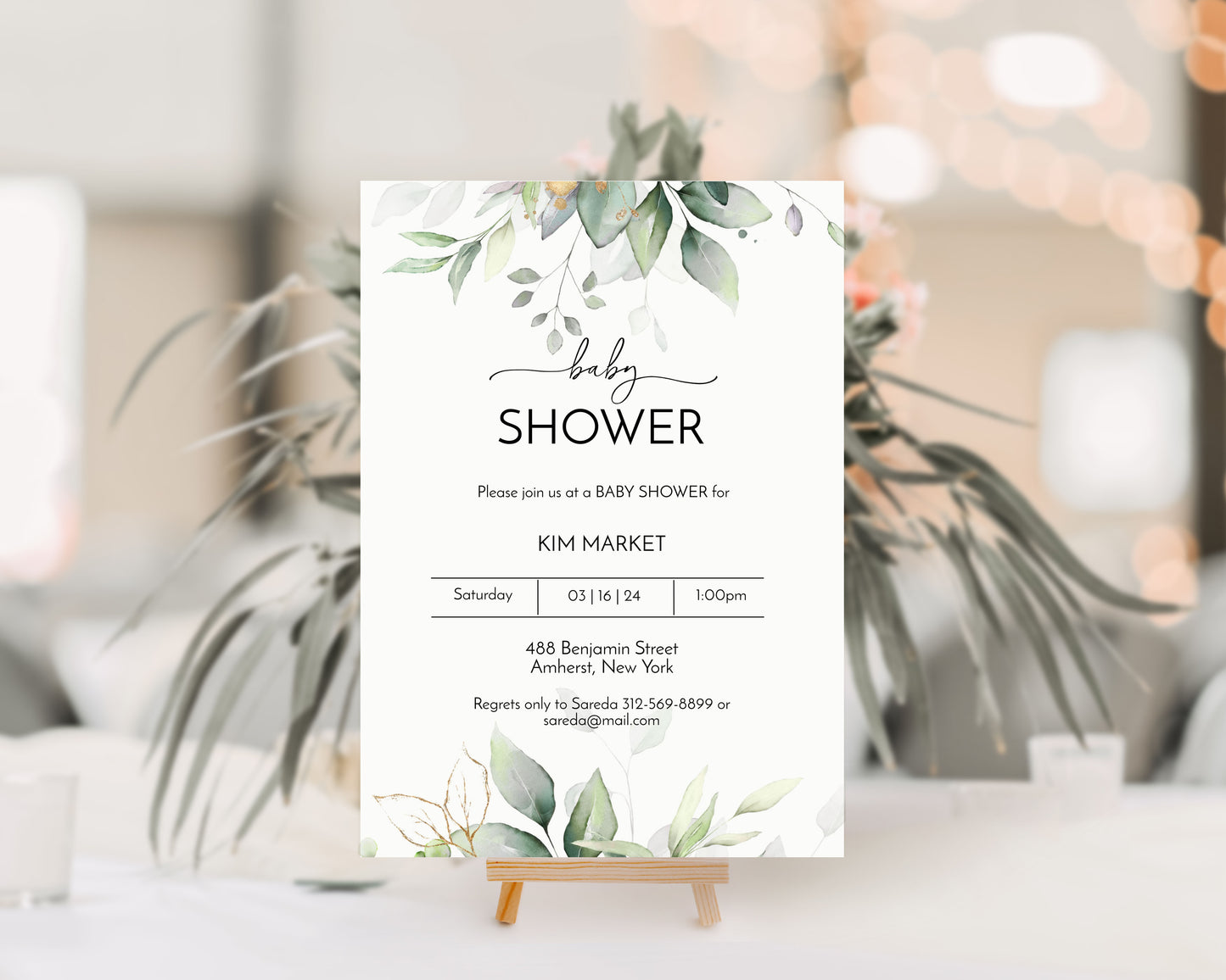 Watercolor Gold Greenery Baby Shower Invitation Template Editable Invitation Corjl Digital Download