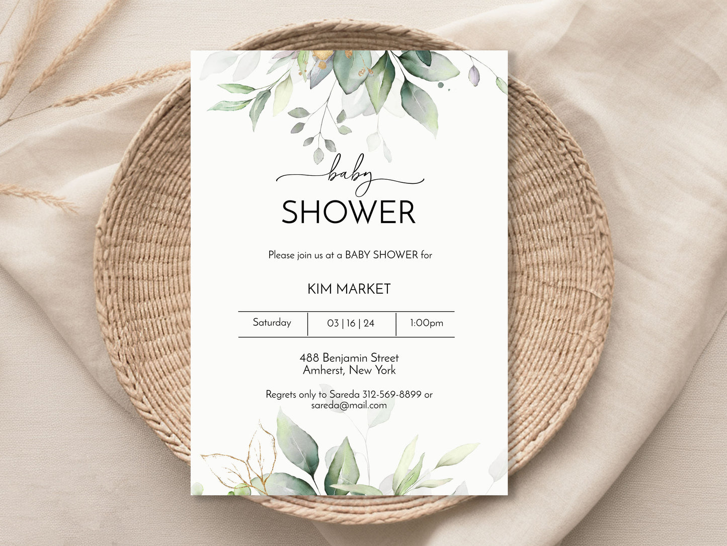 Watercolor Gold Greenery Baby Shower Invitation Template Editable Invitation Corjl Digital Download