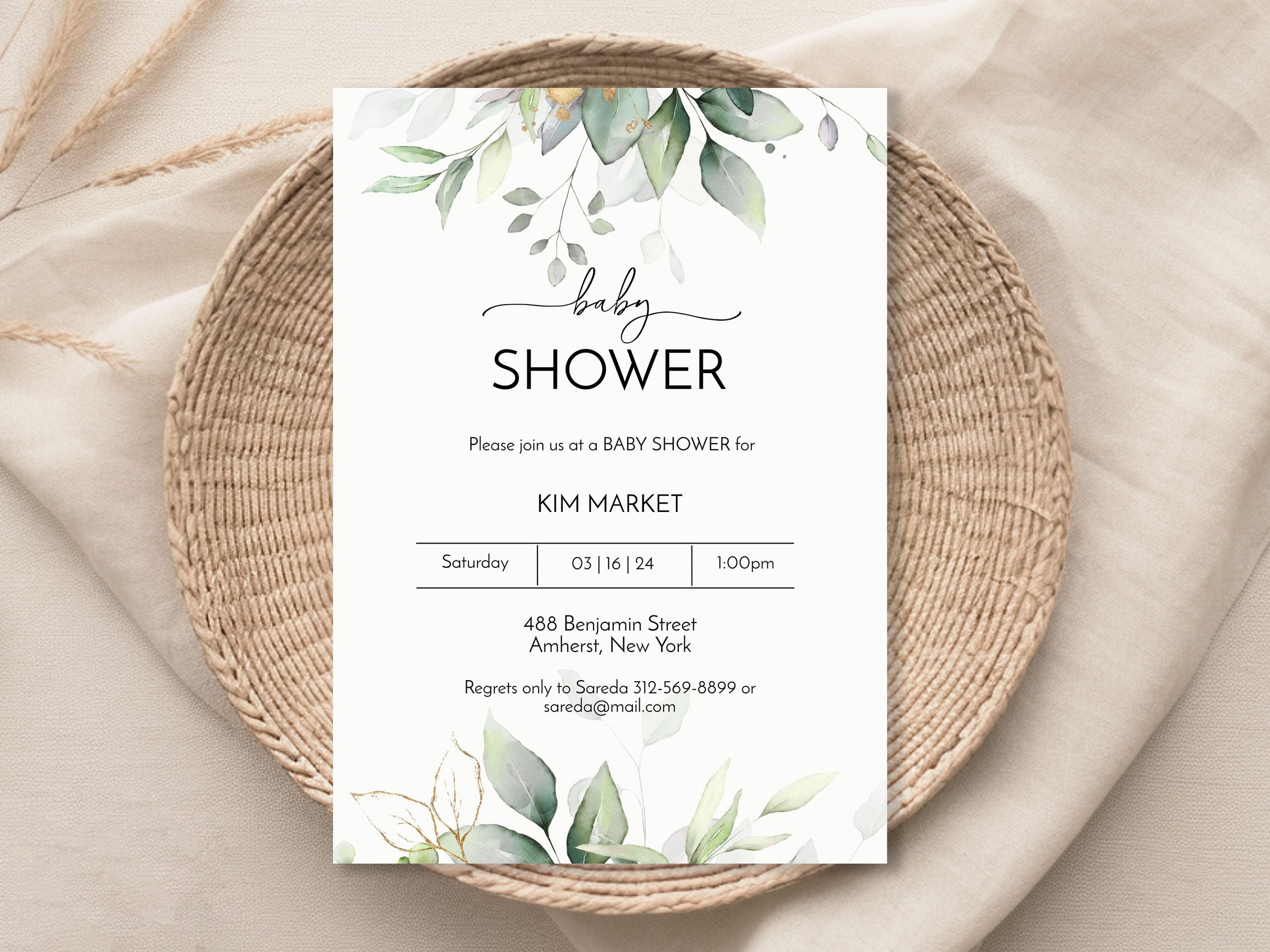 Watercolor Gold Greenery Baby Shower Invitation Template Editable Invitation Corjl Digital Download