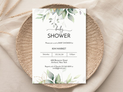 Watercolor Gold Greenery Baby Shower Invitation Template Editable Invitation Corjl Digital Download