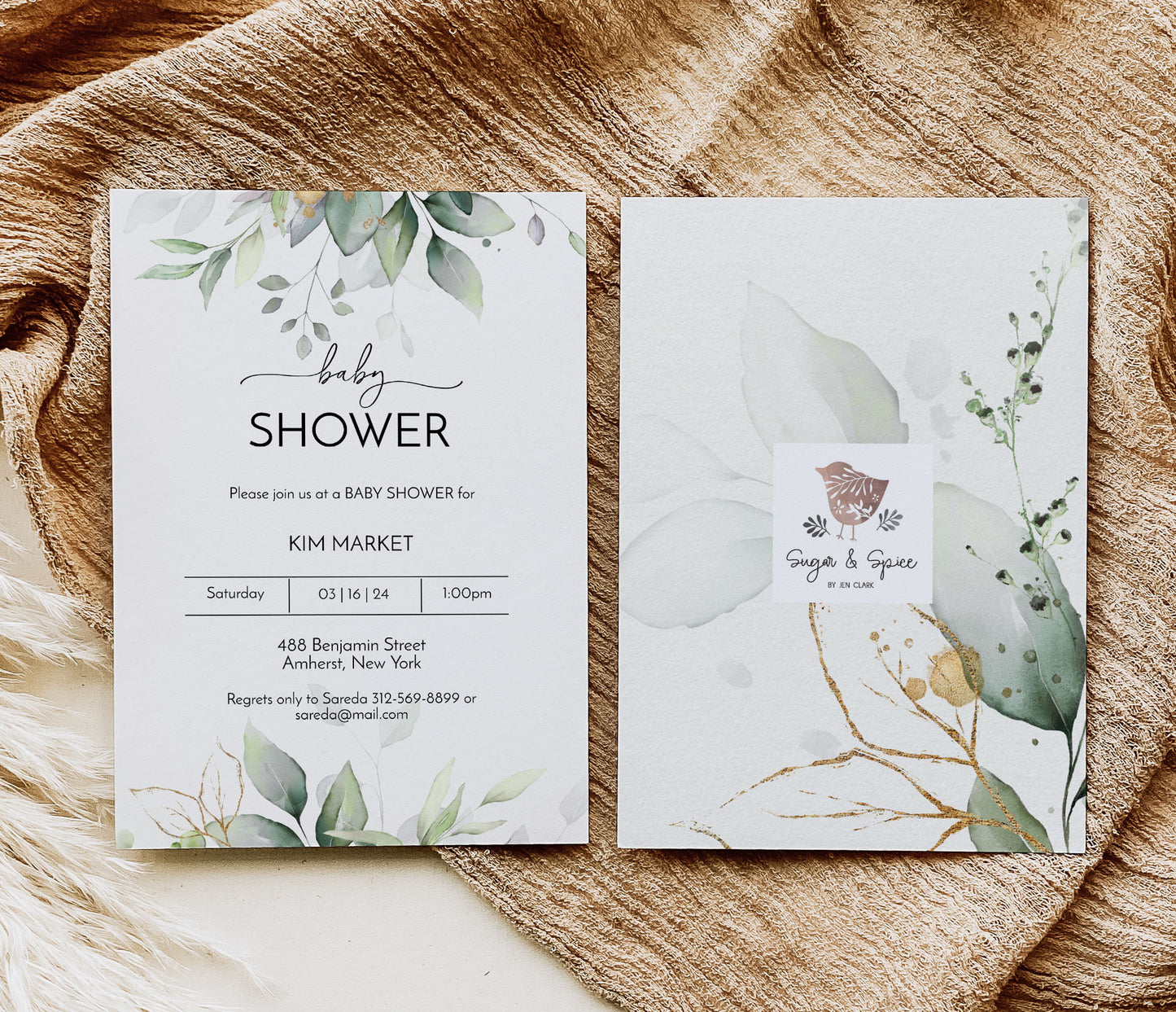 Watercolor Gold Greenery Baby Shower Invitation Template Editable Invitation Corjl Digital Download
