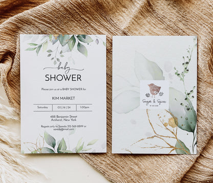 Watercolor Gold Greenery Baby Shower Invitation Template Editable Invitation Corjl Digital Download