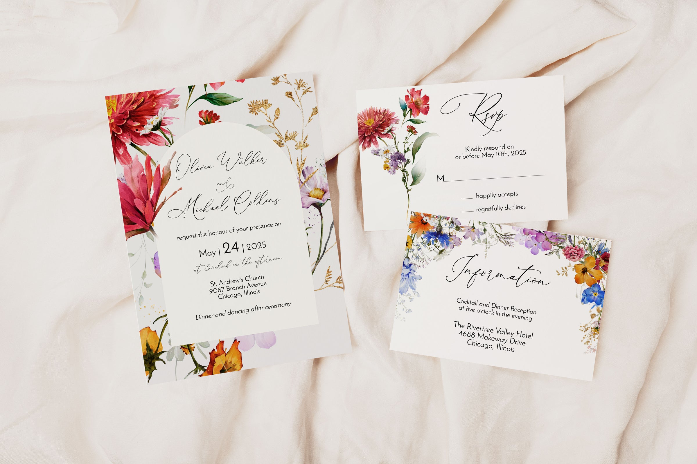 Wildflower Arch Garden Wedding Invitation Template Suite