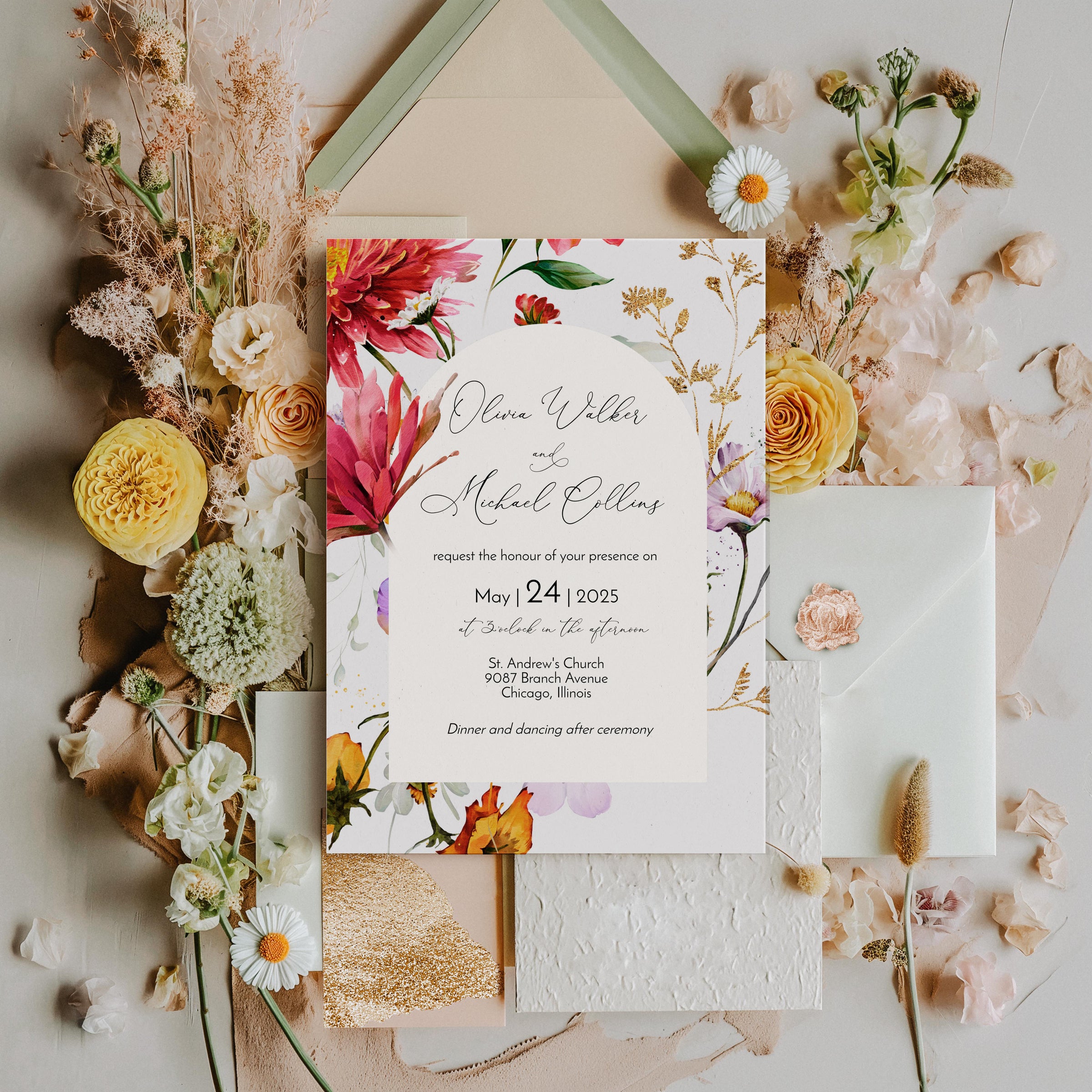 Wildflower Arch Garden Wedding Invitation Template Suite