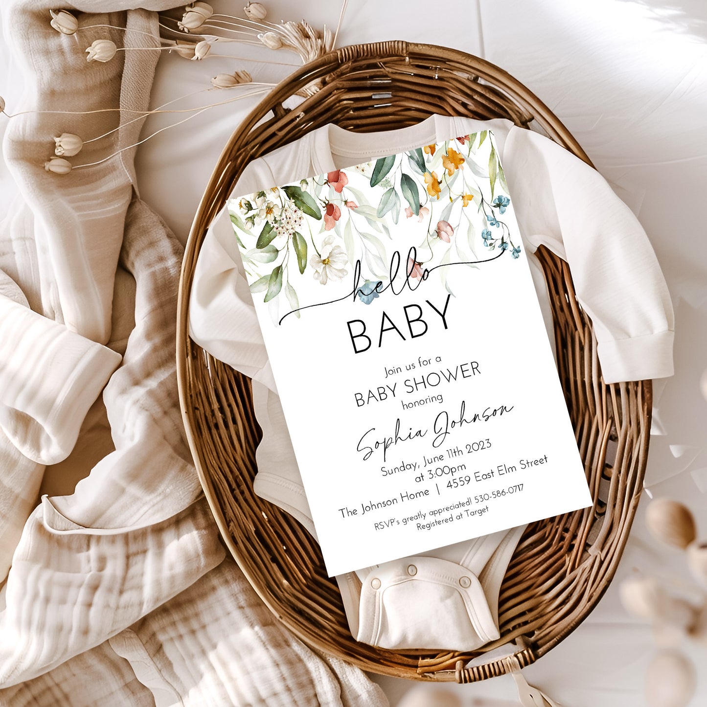 Wildflower Hello Gender Neutral Baby Shower Invitation