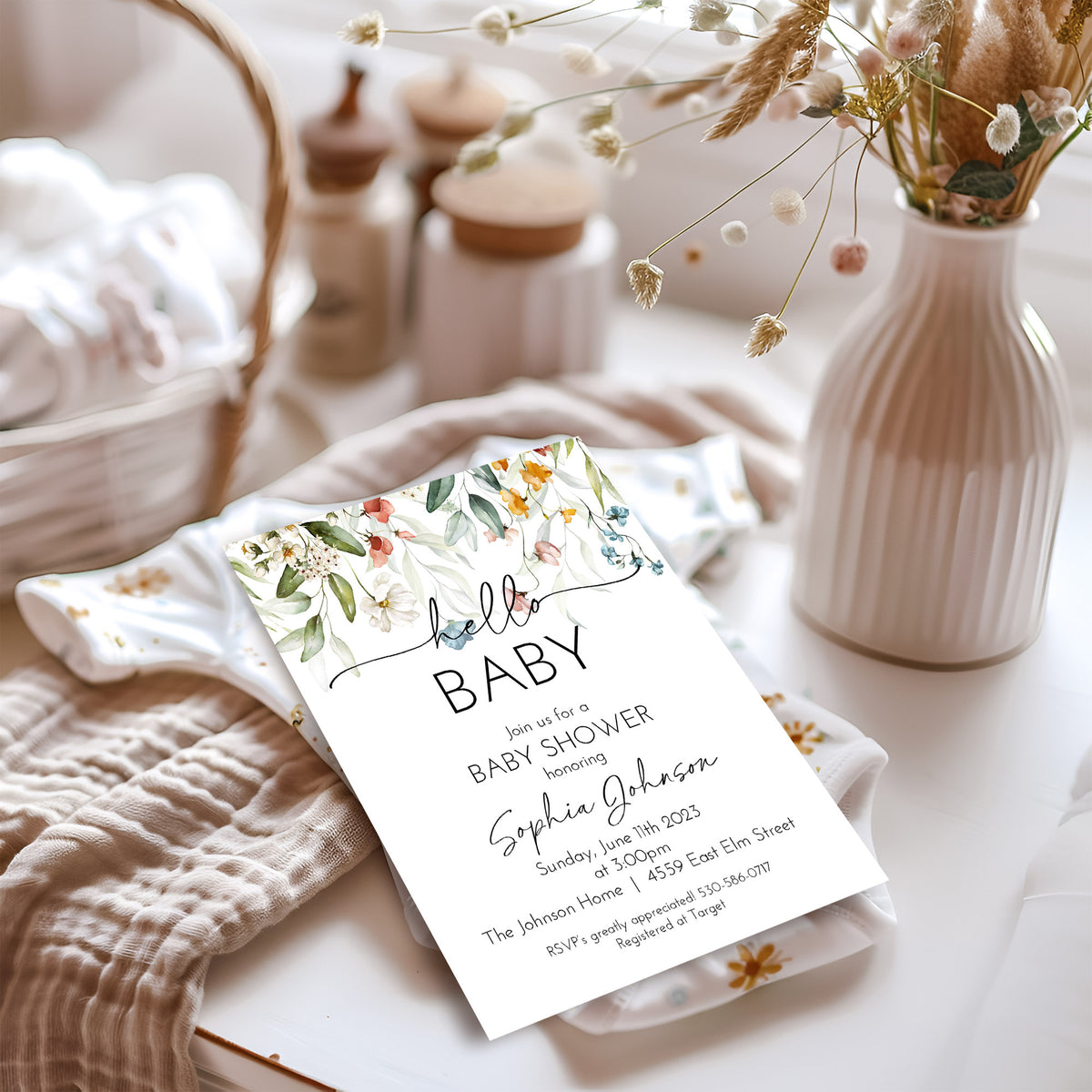 Wildflower Hello Gender Neutral Baby Shower Invitation