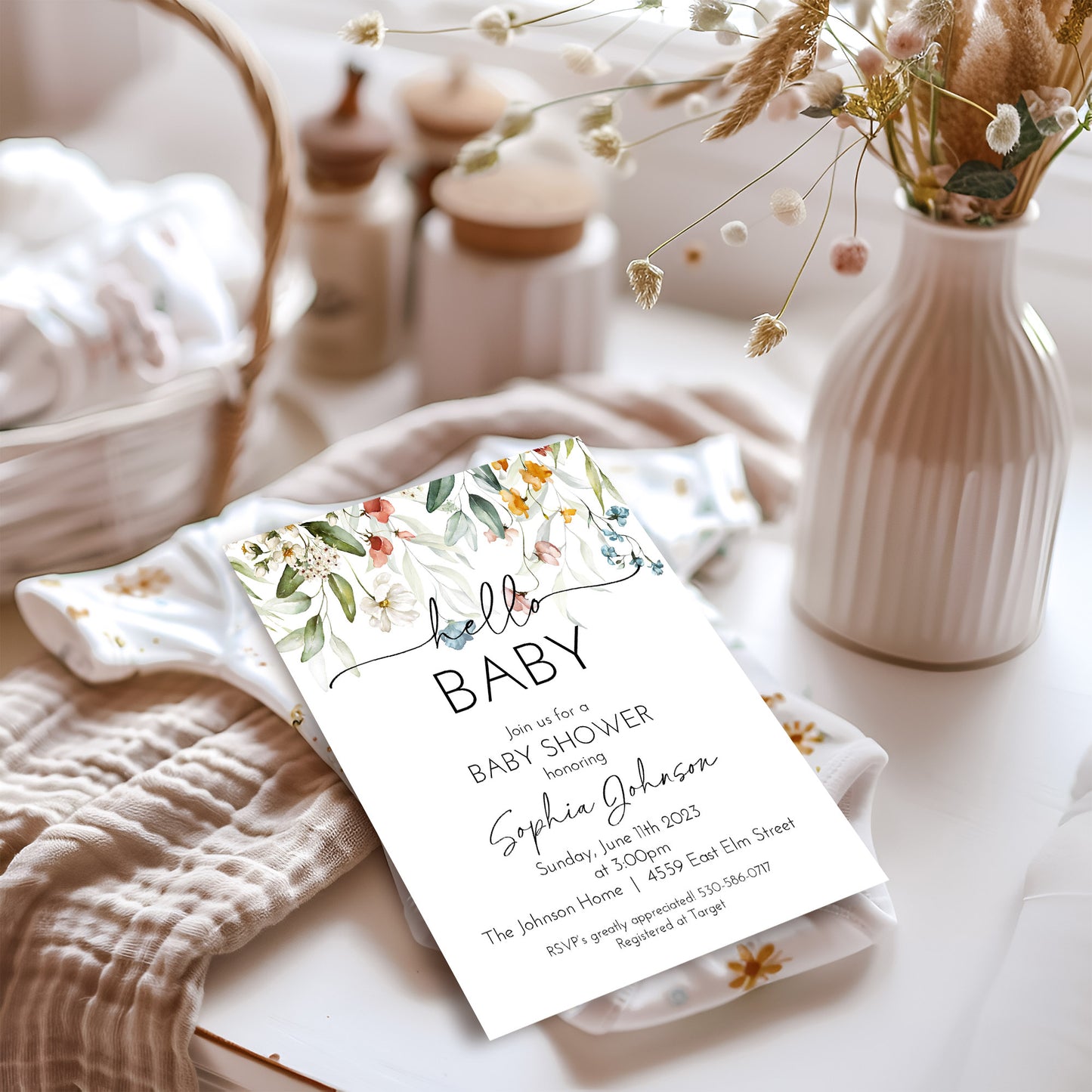 Wildflower Hello Gender Neutral Baby Shower Invitation