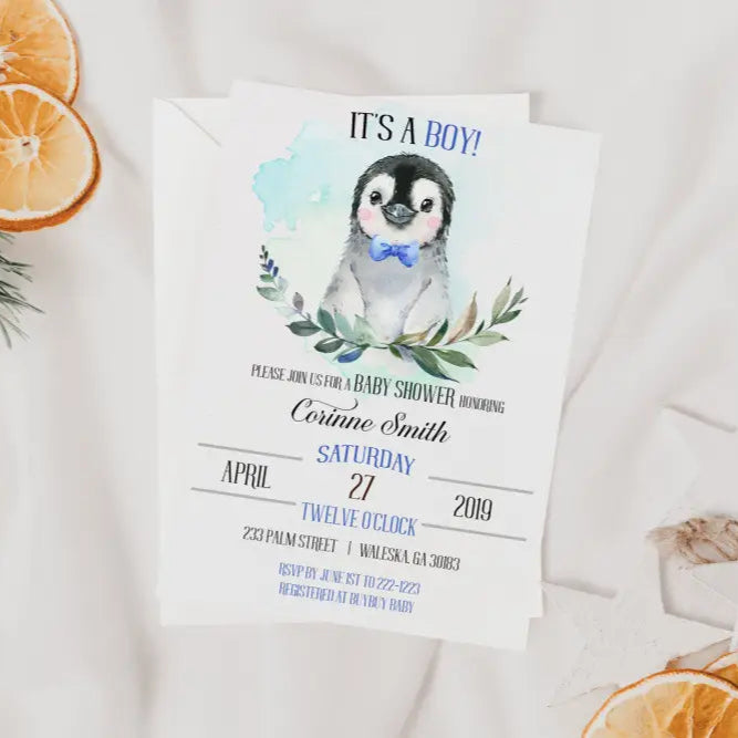 Winter Penguin Baby Shower Invitation - Premium  from Sugar and Spice Invitations - Just $1.95! Shop now at Sugar and Spice Paper