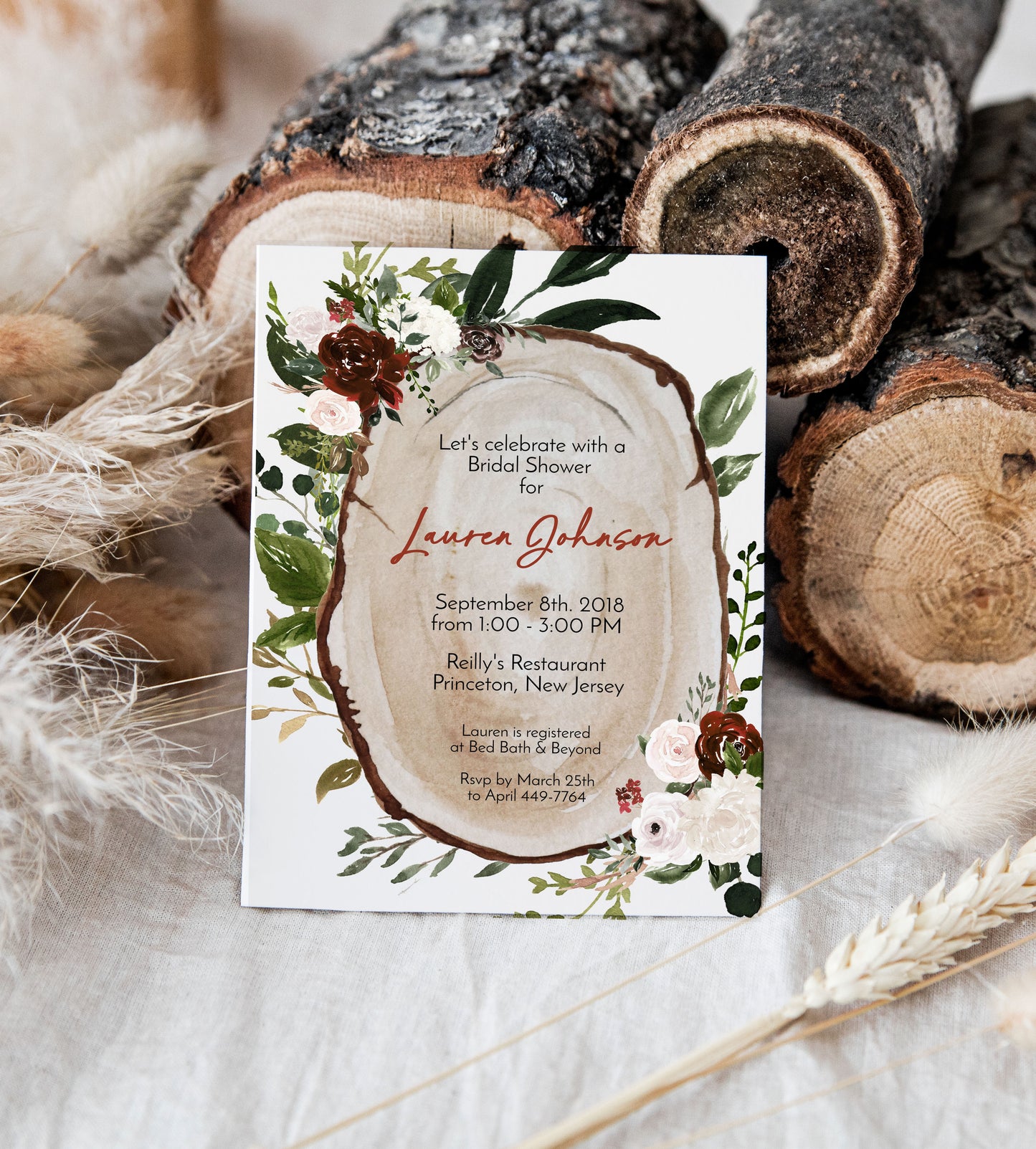 Boho Wood Slice Bridal Shower Invitation Digital Download